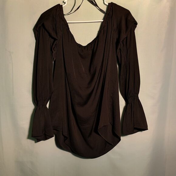 Women's Black Peasant Blouse – Long Sleeve Ruched Boho Top with Flare Cuffs - Picture 4 of 4